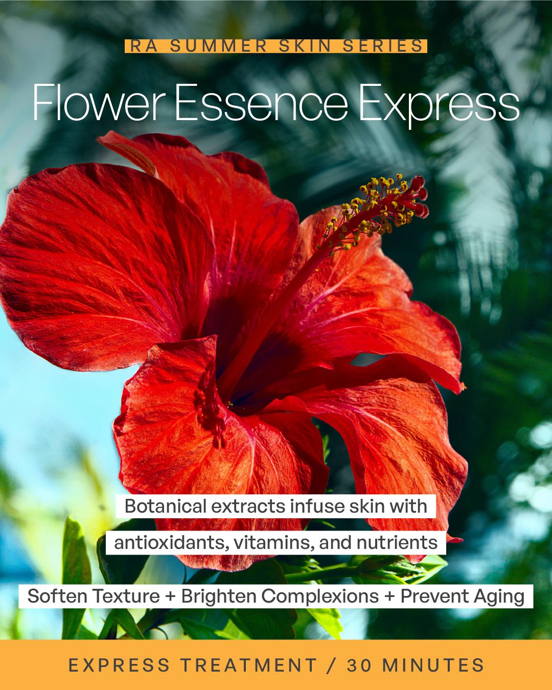 Woman with glowing skin and fresh flowers during Flower Essence Express facial in Denver