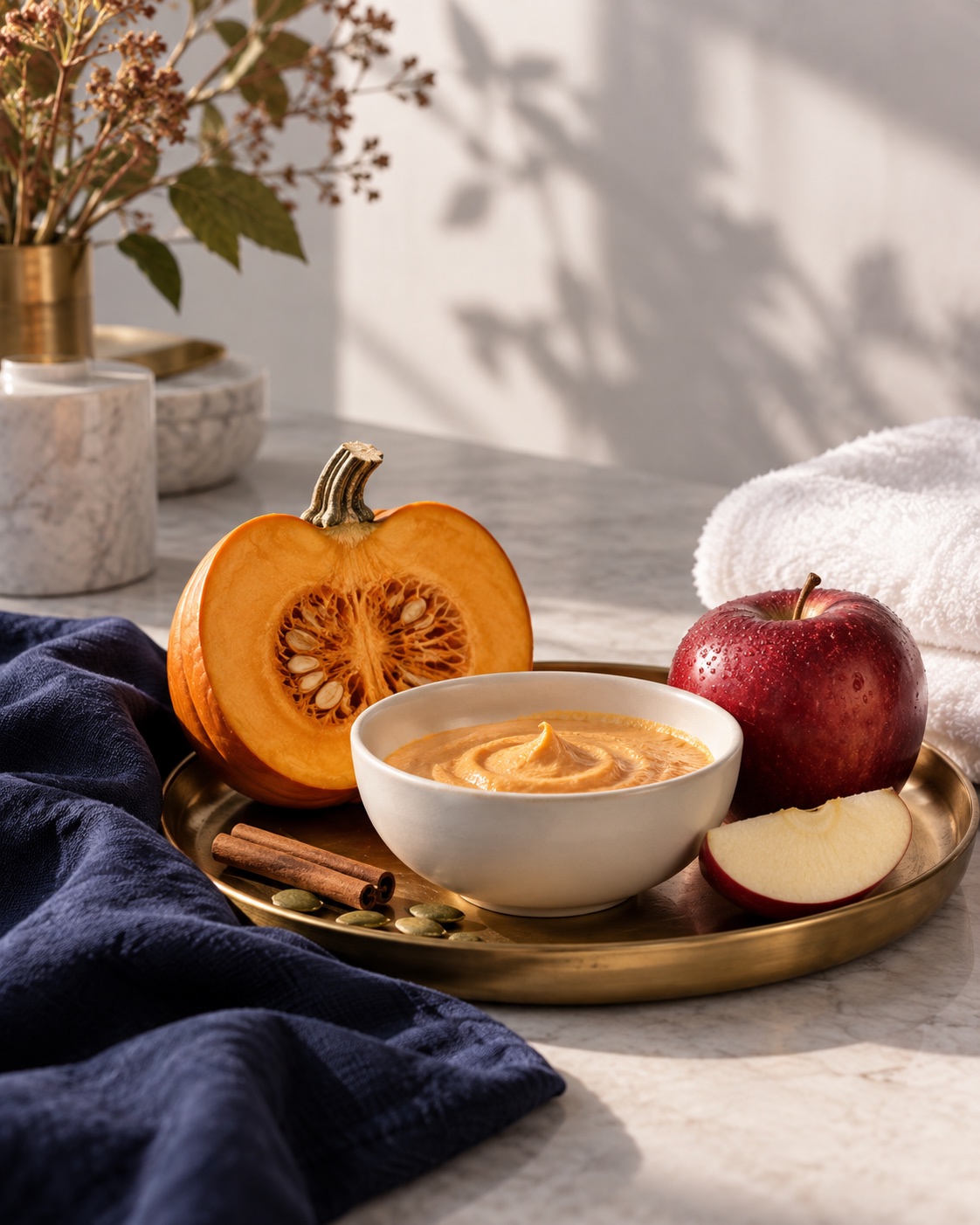 Seasonal still life with a pumpkin, red apples, ivory linen, and a ceramic skincare bowl.