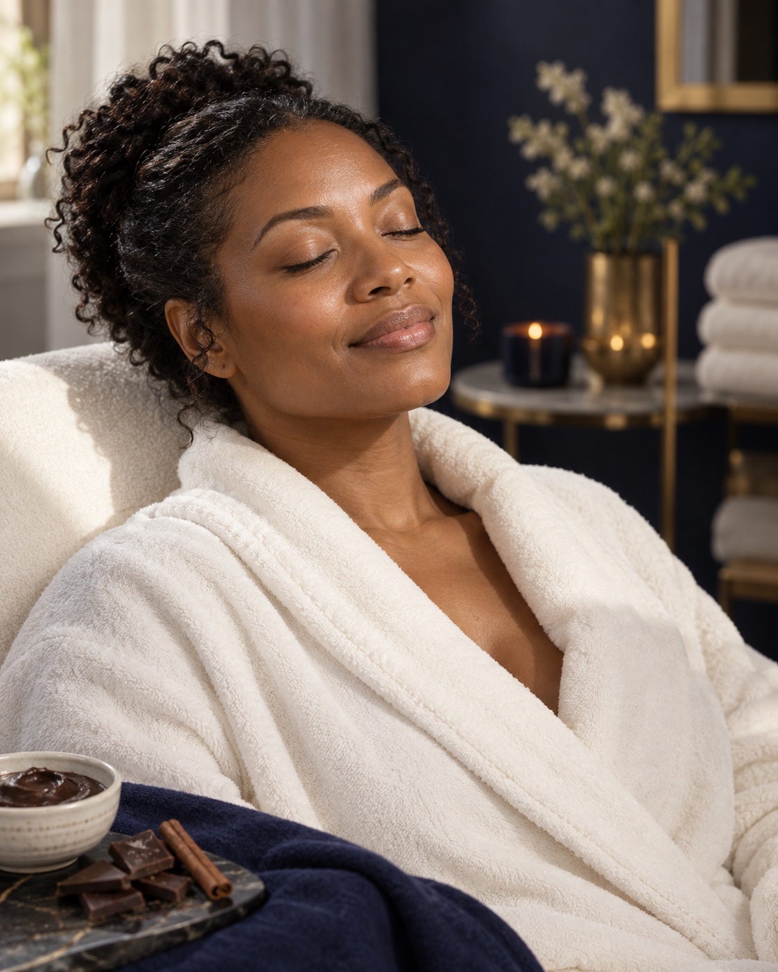 Relaxed woman in an ivory robe beside dark chocolate and a ceramic bowl.