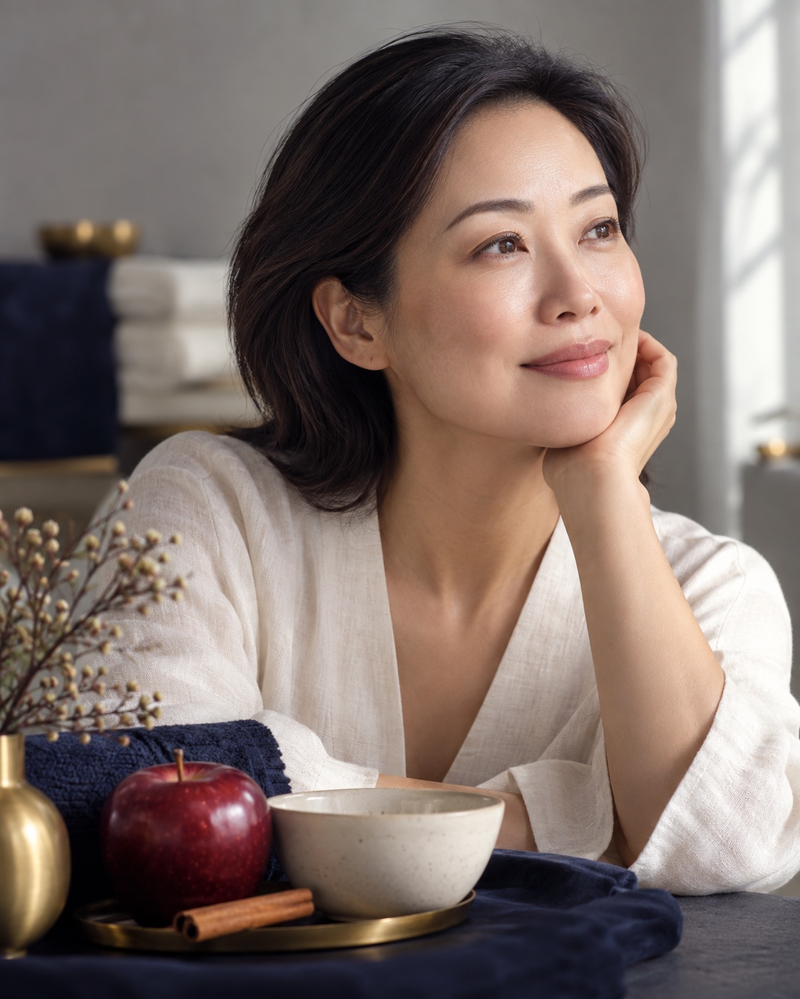 Woman with a calm smile beside red apples and cinnamon on a separate tabletop.